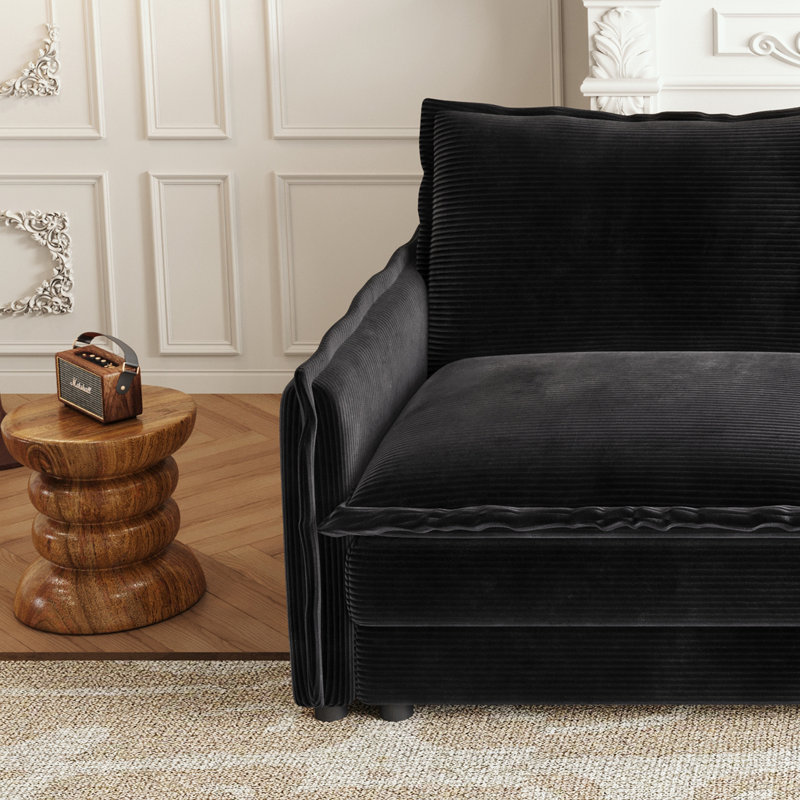 3-Seater L Shaped Couch Set with Movable Footrest and 3 cushions, Black Corduroy