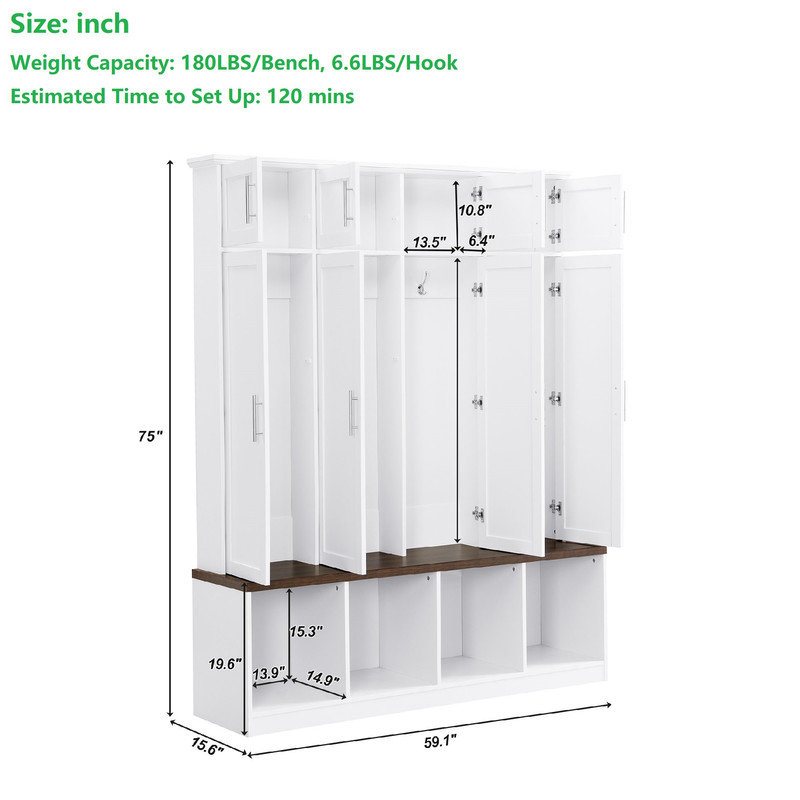 75"H Hall Tree with Open Storage,3-in-1 Hall Tree with Bench, White