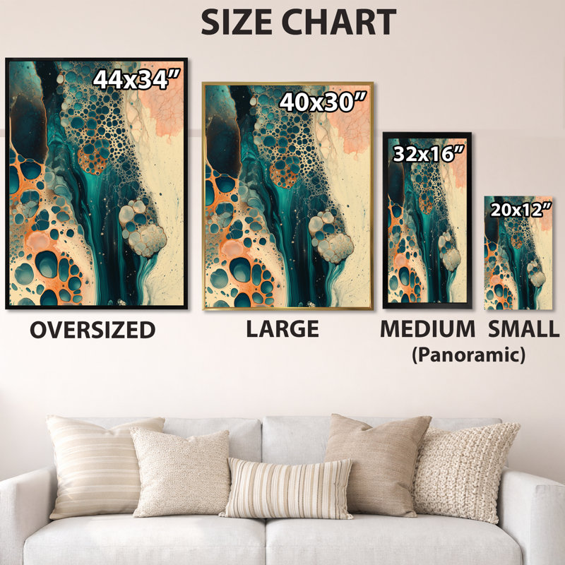 Récif corallien en mouvement fluide II - Tableau abstrait moderne bleu encadré, 40" H x 30" W, Gold Picture Framed