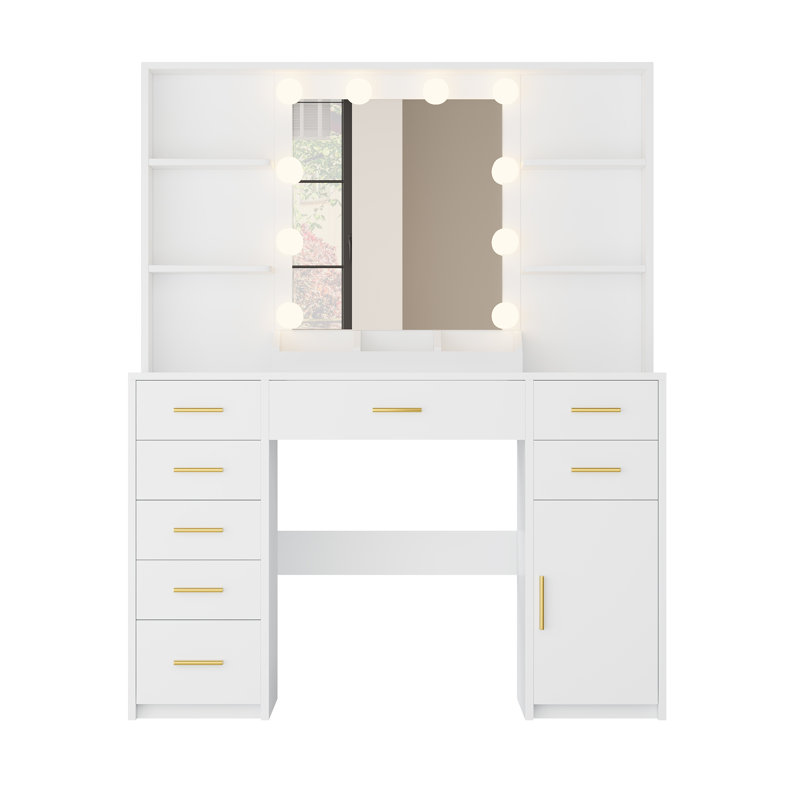 Modern Makeup Vanity with Adjustable LED Lighting and Charge Station, White