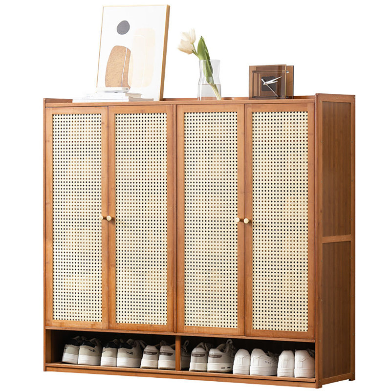 Armoire de rangement à chaussures 4 portes en rotin, bambou naturel, organisateur autoportant à 7 niveaux, armoire d'entrée Boho