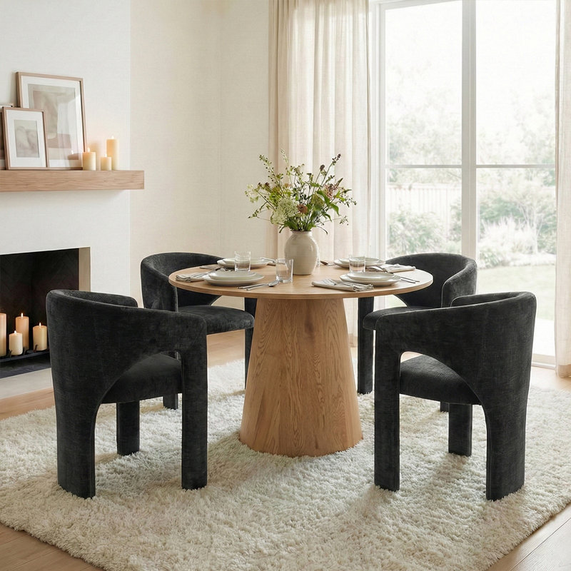 5-Piece Mid-Century Round Dining Set With Oak Finish Pedestal Table For 4, Black