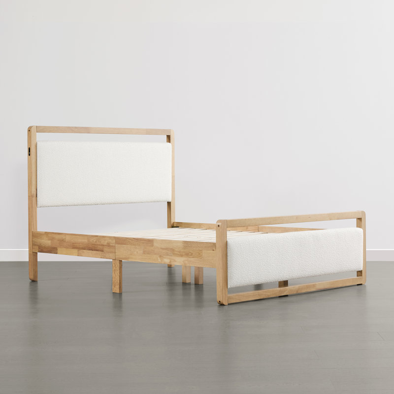Modern Solid Wood Boucle Upholstered Bed Frame With USB, Natural, Queen, Cream