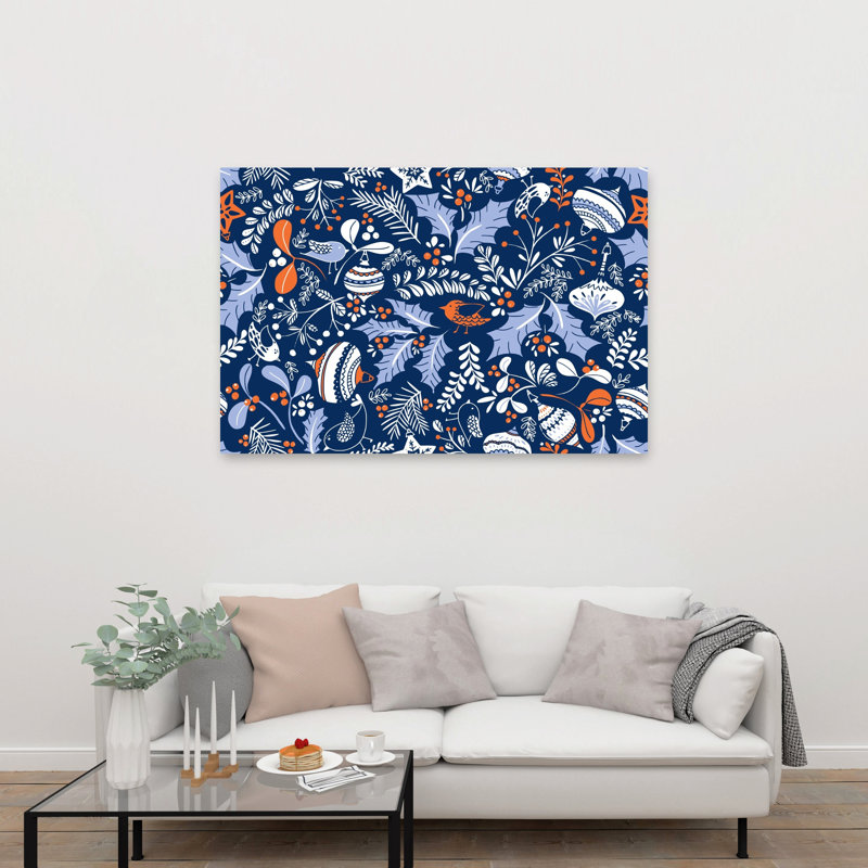 Christmas Birds And Berries Whimsical Abstract Contemporary Bird Pine Forest Nature Wall Art Print 1 Piece Wrapped Canvas Wall Art
