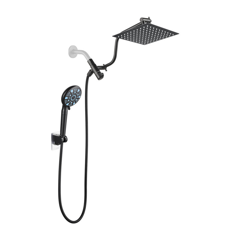 Tête de douche réglable haute pression double 8 po avec douchette à 9 jets, Noir mat