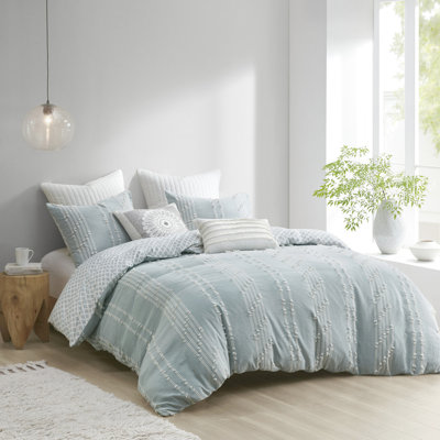 Couette 3 pièces pour lit double/queen, en coton à rayures naturelles, lavable à la machine, fermeture à boutons