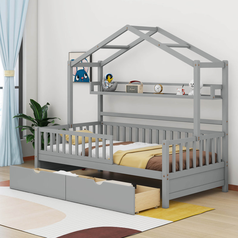 Lit avec tablette de rangement Zyreon, Simple, Gris