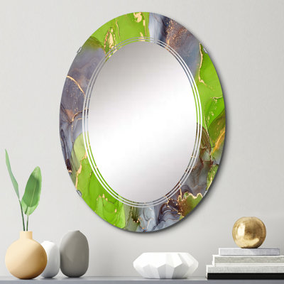 Vert et mauve luxueux abstrait Art fluide II - Miroir mural moderne ovale