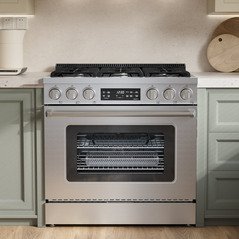Tittla 36″ Slide-In Gas Range w/ Air Fry & Steam Clean – 6 Burners, 6 cu ft Convection Oven, Stainless Steel, Silver