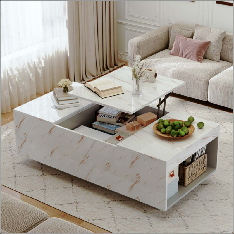 Table basse à plateau relevable avec tiroir coulissant et rangement caché, lumières DEL de 16 couleurs, charge sans fil et haut-parleur intégré
