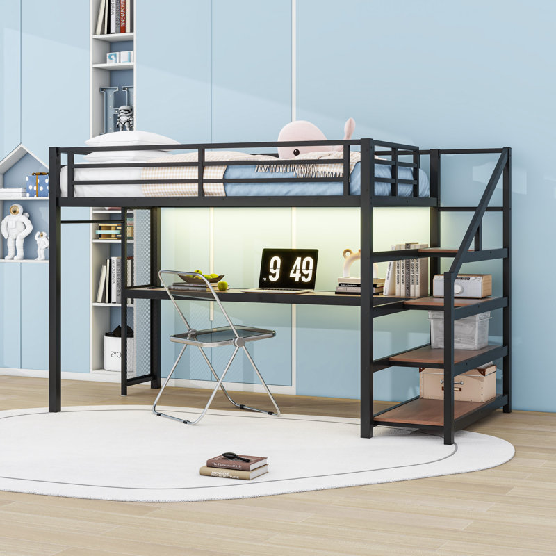 Loft Bed with Desk, LED Lights, and Storage Stairs, Twin XL