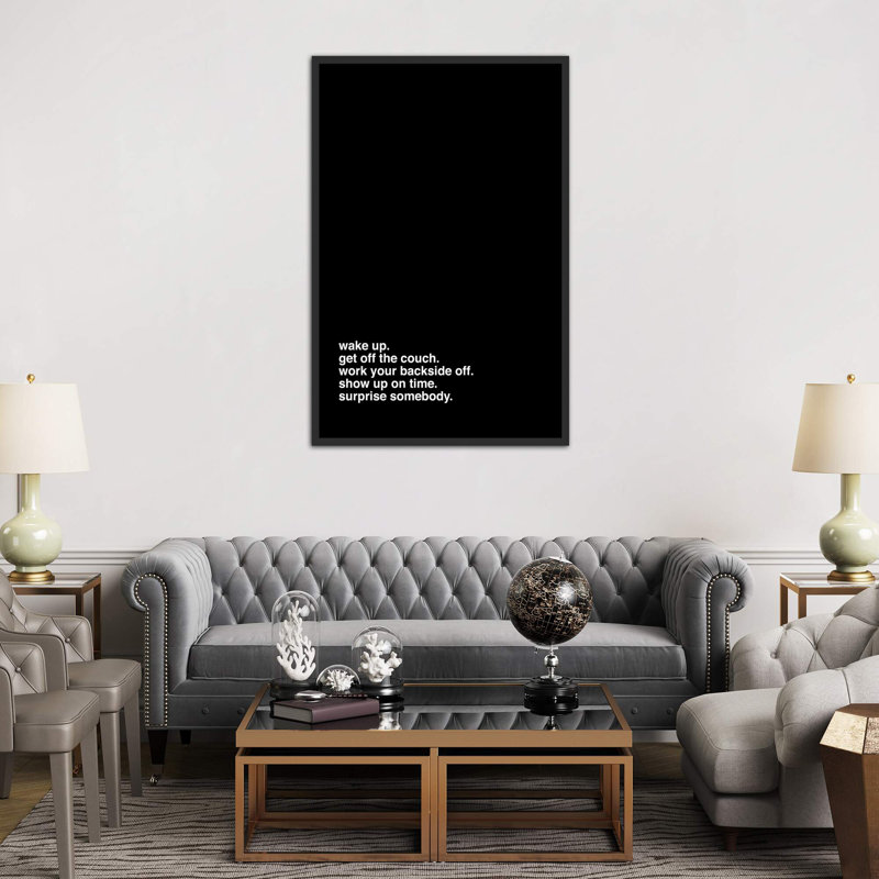 « wake up » par kent youngstrom-reproduction d’art textuel, H 60 po x l 40po x P 1,5 po, Toile avec cadre noir patiné
