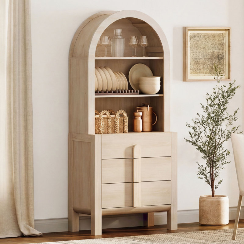 Armoire de garde-manger arquée de 71 po de hauteur, vitrine en bois avec tiroirs et tablettes arquées ouvertes, armoire Mid-Century polyvalente pour la salle à manger et la chambre à coucher