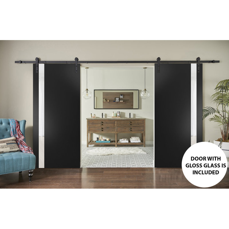 Portes de grange intérieures robustes en bois givré avec ensemble de quincaillerie Planum, 36 po x 80 po, Noir mat / blanc