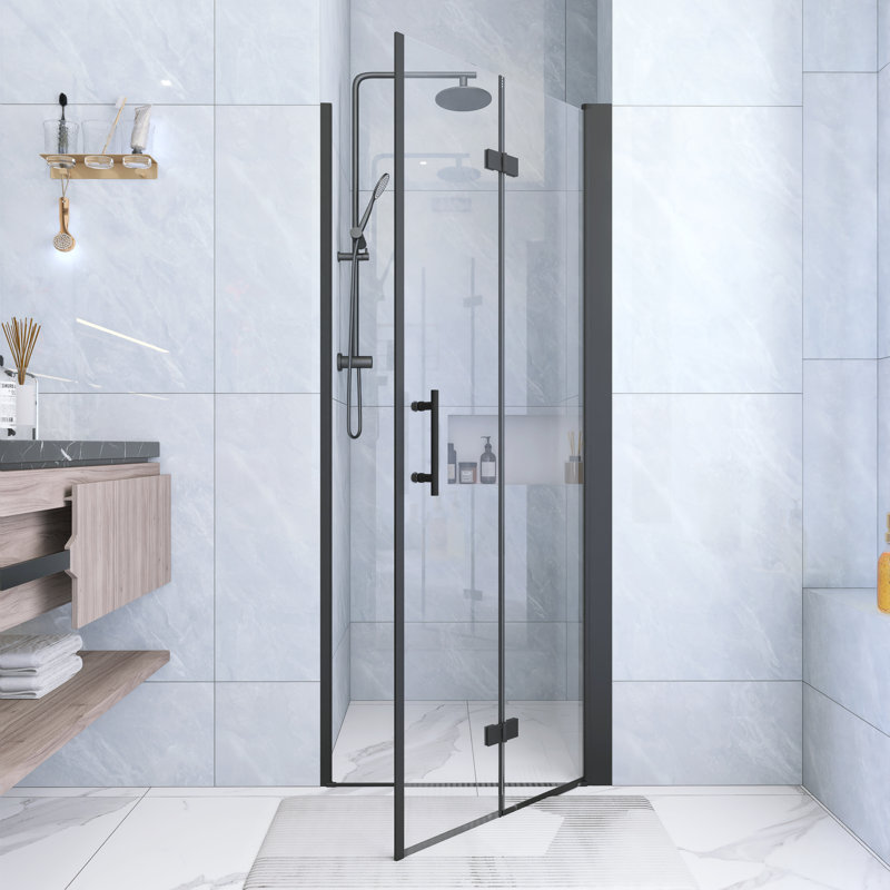 32 .In W X 72 .In H  Bifold Shower Door With 1/4 Inch Thick Tempered Glass  In Matte Black  | Aluminum Frame | Stainless Steel Handle | Explosion Proof Film