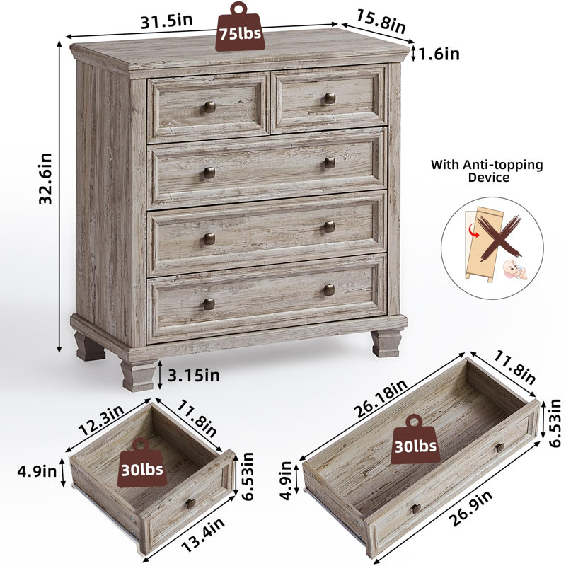 Farmhouse 5 Drawer Dresser for Bedroom, 32.6 Inch Tall Vintage Wood Chest of Drawers, Rustic Small Dressers w/Square Wooden Legs, Mid-Century Storage Organizer for Living Room (Grey)