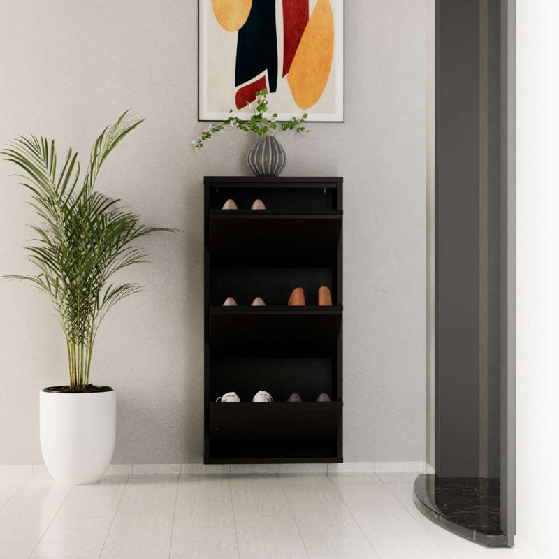 Armoire à chaussures moderne en métal, noir, 19,7 po x 40,6 po x 5,9 po | Fabrication 100% métal avec une épaisseur de 0,03 po | Conception murale avec portes à ouverture centrale et supports magnétiques | Solution de rangement élégante pour le vestibule