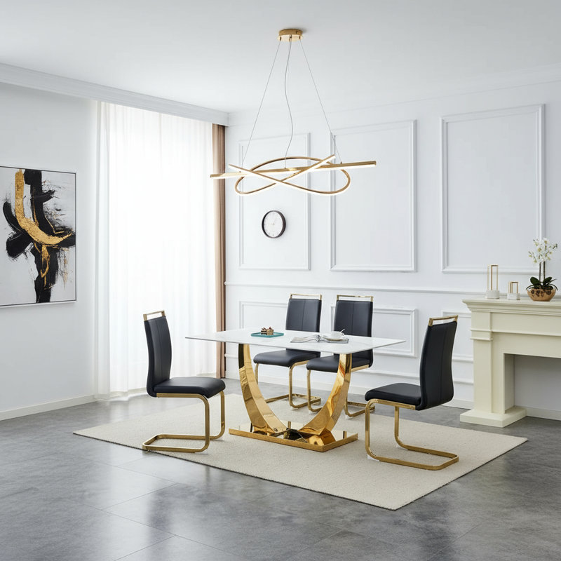 Aurora Morden Mid-Century 63" Dining Table Set with  Glass & Gold Legs – PU Leather Chairs, 330 lbs Capacity （Set of 5）