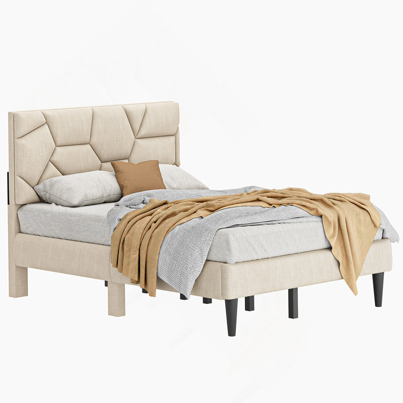 Base de lit double, tête de lit avec rangement, plateforme en métal, sans bruit, lattes en métal, sans sommier, Double