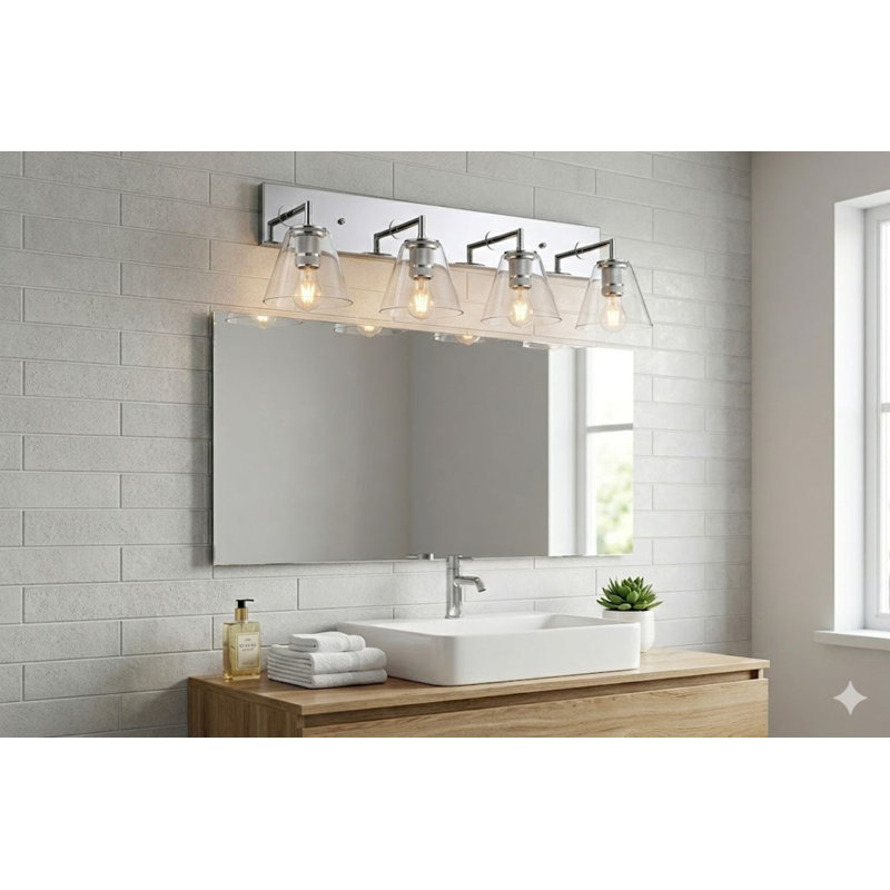 Applique murale 4 lumières en métal chromé avec abat-jour en verre transparent