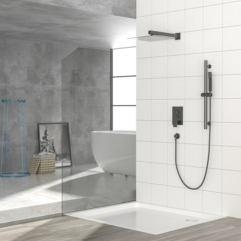 Douche carrée noire matte de 12 pouces - fixée au mur avec glissière réglable, soupape et barre à deux têtes, douche à effet pluie, douchette à main