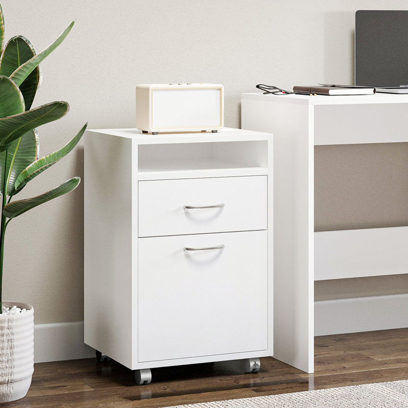 Support mobile pour imprimante avec tiroir et armoire, blanc, polyvalent, se range sous un bureau dans une armoire blanche