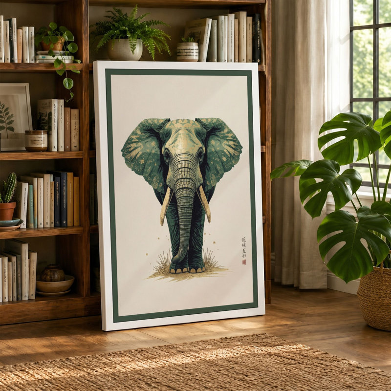 Elephant Portrait Japandi - Wrapped Canvas, 30x20 - 76.2 x 50.8 cm, Ochre Border