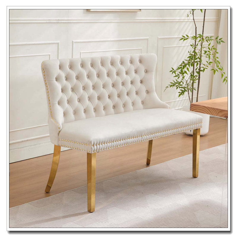 Velvet Double Dining Loveseat Bench, Beige/Gold