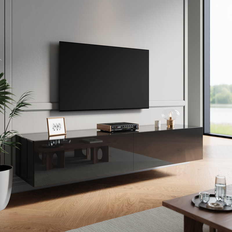 Hangable and floor standing TV stand in high-gloss UV panel, 30cm H x 180cm W x 40cm D, Black