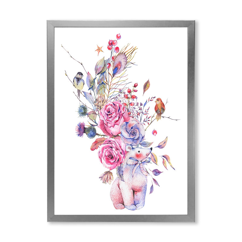 Ours polaire bleu et rose - Bouquet de fleurs - peinture sur toile, H 44 po x l 34 po