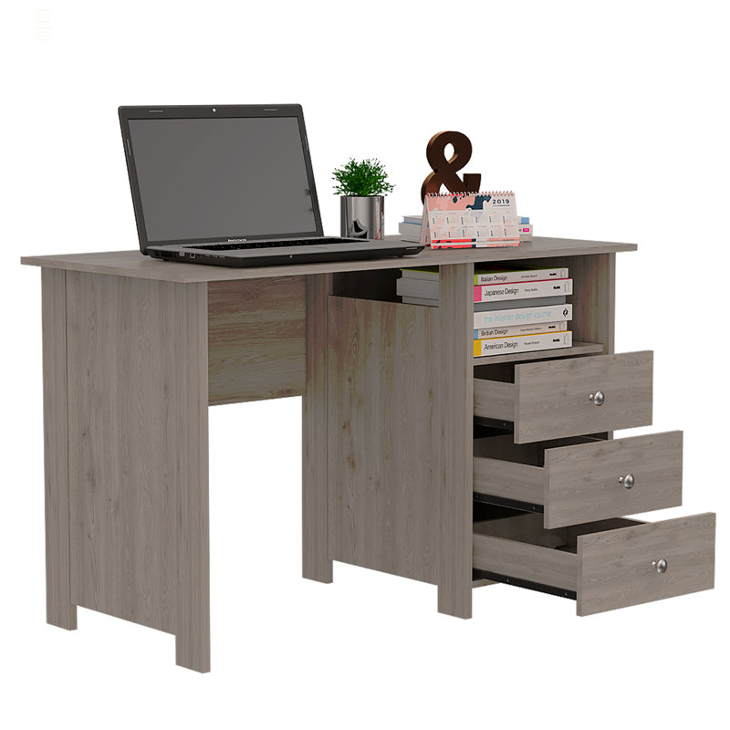 Bureau d'ordinateur avec tablette de rangement ouverte et 3 tiroirs