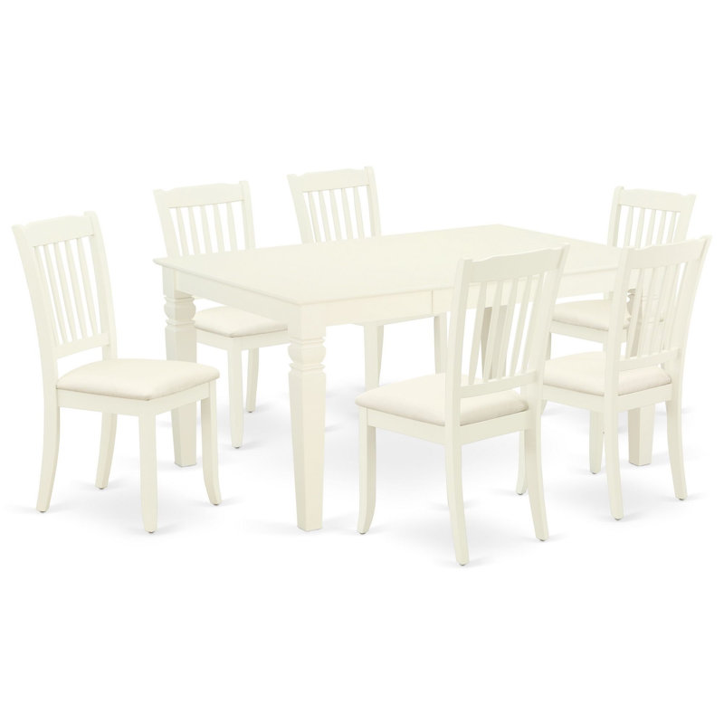 7 Piece Kitchen Table Set Consist of a Rectangle Dining Table with Butterfly Leaf and 6 Linen Fabric Dining Room Chairs, Linen White