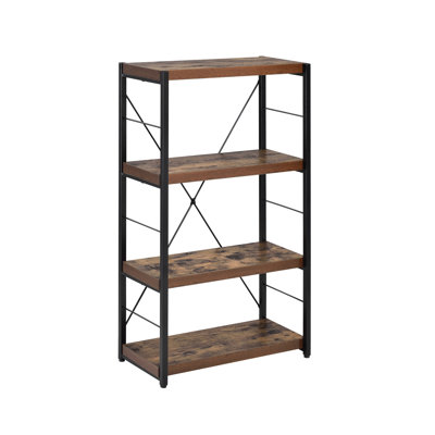 Black Metal And Weathered Oak Rectangular Bookcase, 3 Tier 4 Shelf Storage Display 3 4-Shelf Bookshelf In Black, Compact For Bedroom Linens