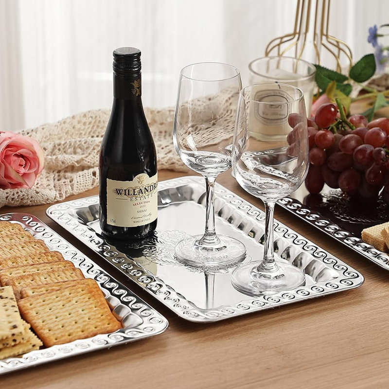 Swirl Floral Engraved Mirror Decorative Serving Tray, Party Platters For Food, Appetizers, Charcuterie, And Desserts