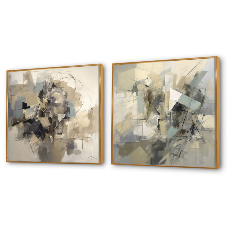 Mélange géométrique gris et beige - ensemble de 2 collages abstraits carrés, H 16 po x l 33 po, Cadre flottant doré