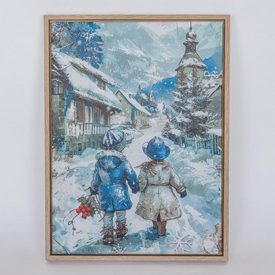 «Children Walking In The Snow», reproduction d'art sur toile encadrée