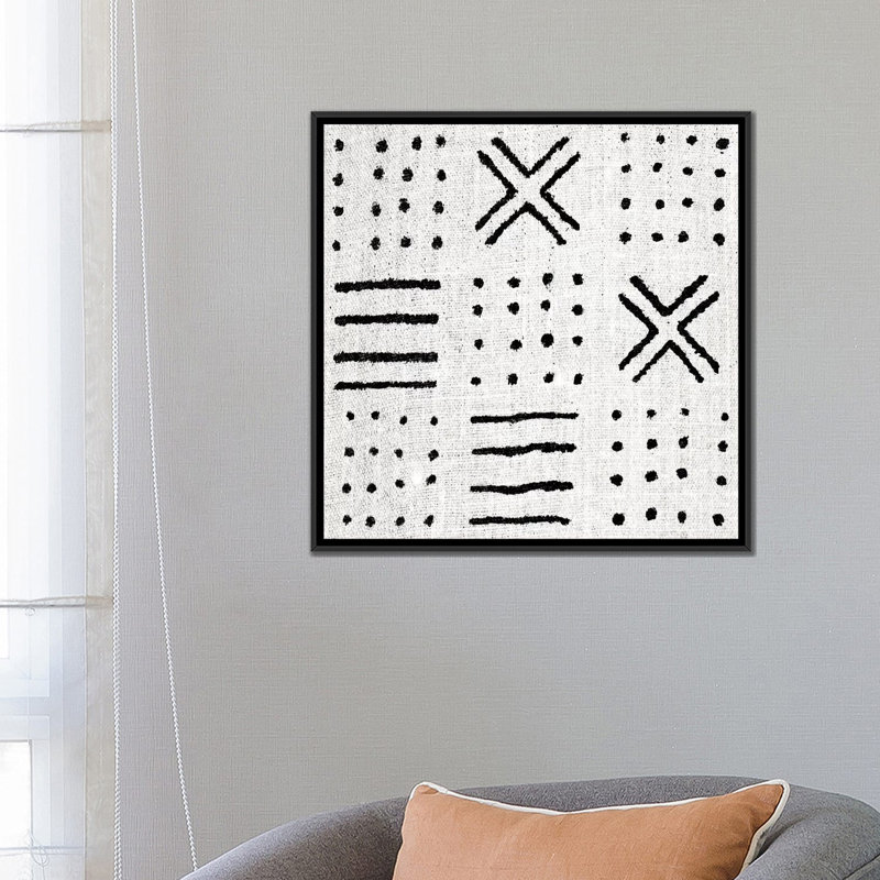 «Mudcloth White Geometric Design II», impression sur toile, Toile encadrée noire, Pas de tapis, H 18 po x l 18 po x P 1,5 po