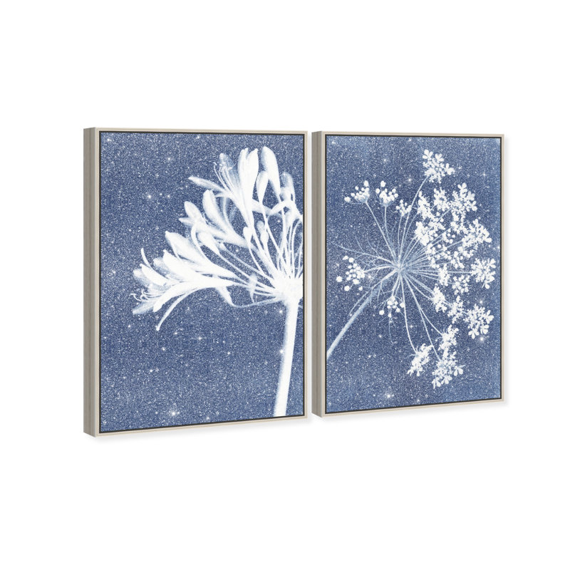 Cyan Flowers Set Set by Oliver Gal, 31"H x 46"W, Silver Floater Frame