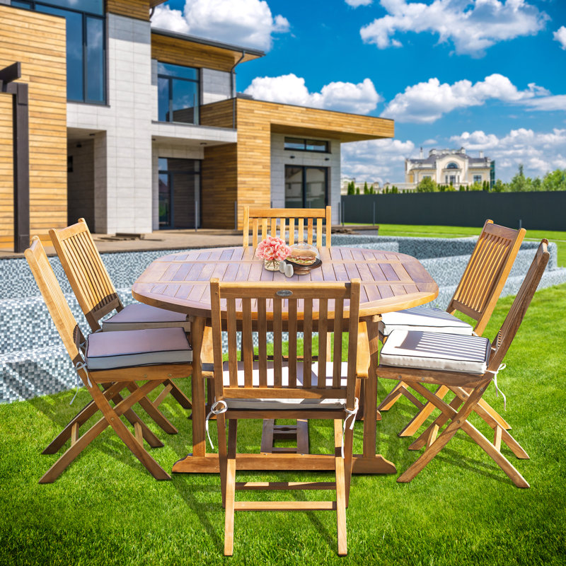 6 - Person Teak Wood Patio Dining Set with Oval Table , Cushions Included