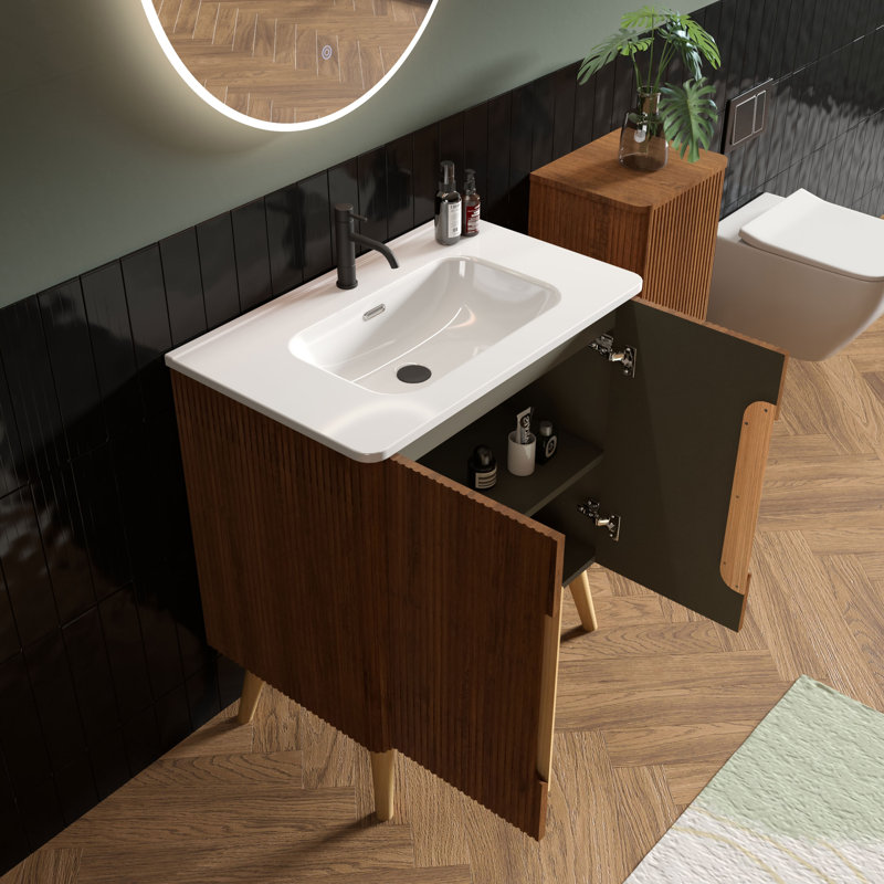 Motohisa Striped Single Bathroom Vanity with Ceramic Top, Modern Wood Vanity with 2-Door Storage for Master Bathroom, Apartment & Hotel Style