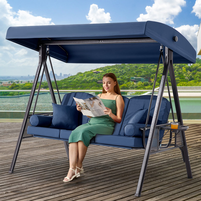 Arlmont & Co. 3-Seat Patio Porch Swing With Adjustable Canopy - Outdoor Swing Featuring Three-Position Backrest, Large Convertible 3-In-1 Swing Bed, Thickened Cushions, Pillows, And Cup Holders - Ideal For Porch, Backyard, Garden