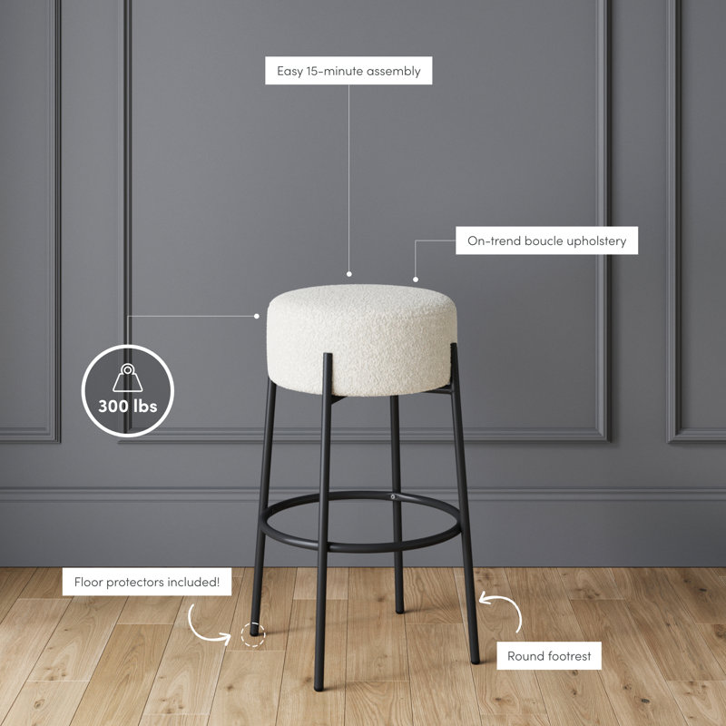 Upholstered Counter Stool with Metal Frame, White Polyester/Matte Black Frame, Bar Stool (29" Seat Height), 4