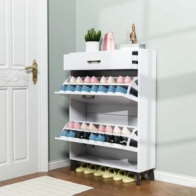 Shoe Storage Cabinet, Free Standing Shoe Organizer With 2 Flip Drawers, Hidden Shoe Rack Storage Organizer