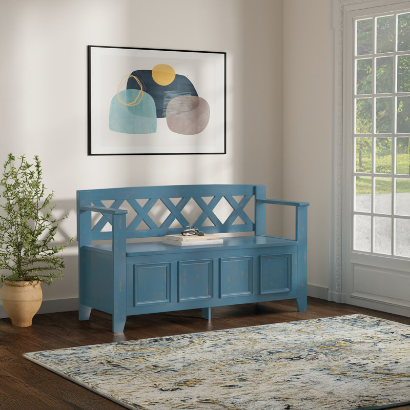 Banc de rangement en bois massif Amherst, Bleu