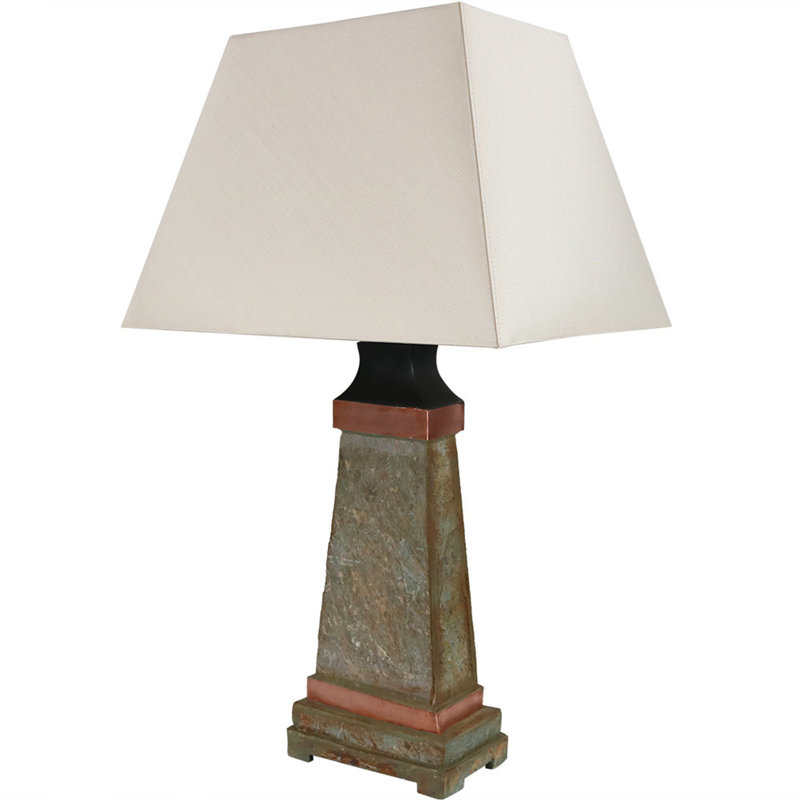Wallach 30" Natural Slate Outdoor Table Lamp with White Shade and Copper Accents