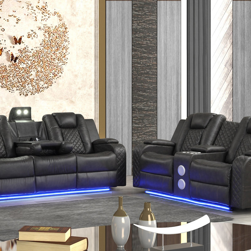 Luxurious Faux Leather Power Recliner Set With Adjustable Headrests And Ambient LED Lighting For Modern Comfort, Grey