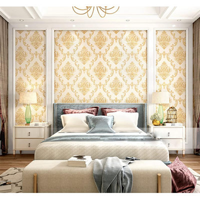 QIHANG - Papier peint damassé 3D en PVC de style européen - l 20,87 po x L 393,7 po, beige, idéal pour le salon, la chambre à coucher, le mur de fond de télévision