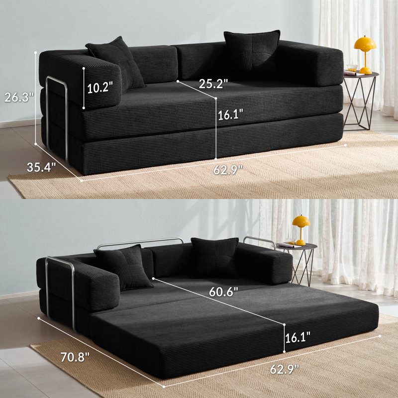 Folding Sofa Bed 160cm King Size, Convertible Modular Sofa, Corduroy Boneless Couch with Metal Frame, Black