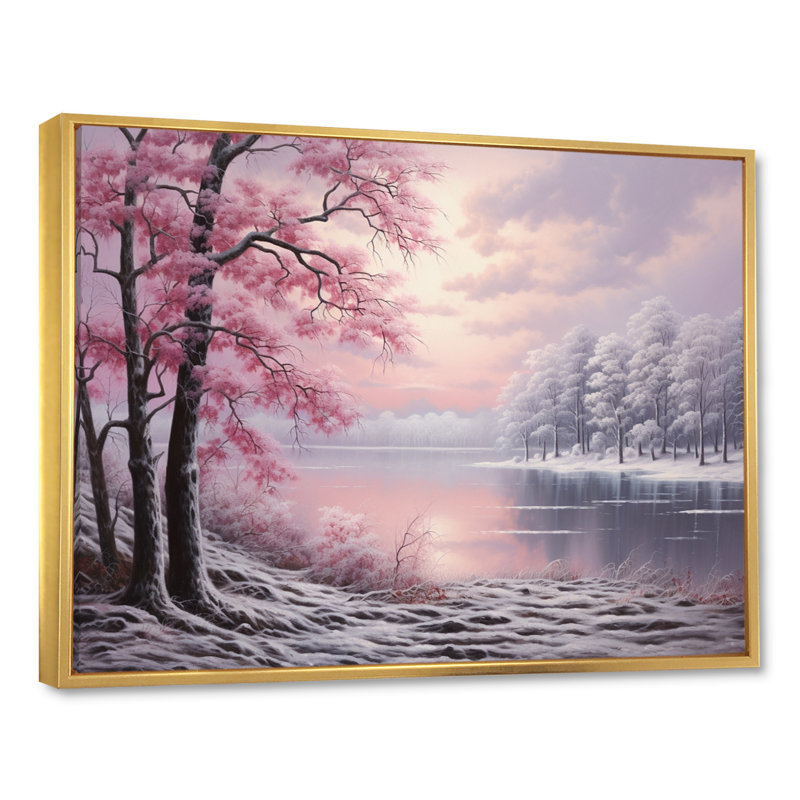 «Pink Winter Trees By The Riverside», reproduction sur toile, H 12 po x l 20 po x P 1 po, Cadre flottant doré