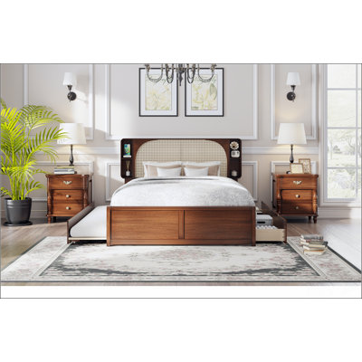 Queen Size Rattan Headboard Bed With Two Drawers And Trundle